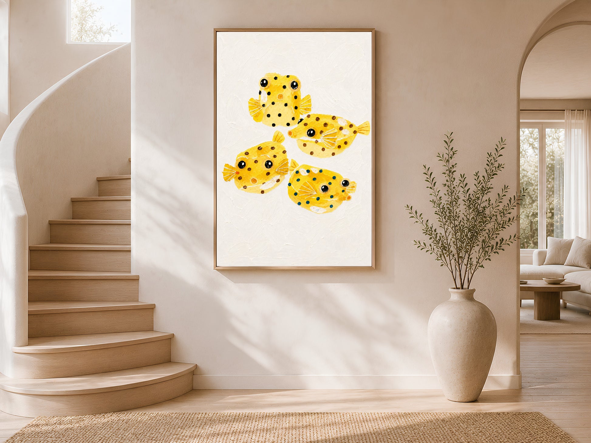 Framed impasto yellow boxfish print on warm white wall in modern curved staircase entryway with tall ceramic vase
