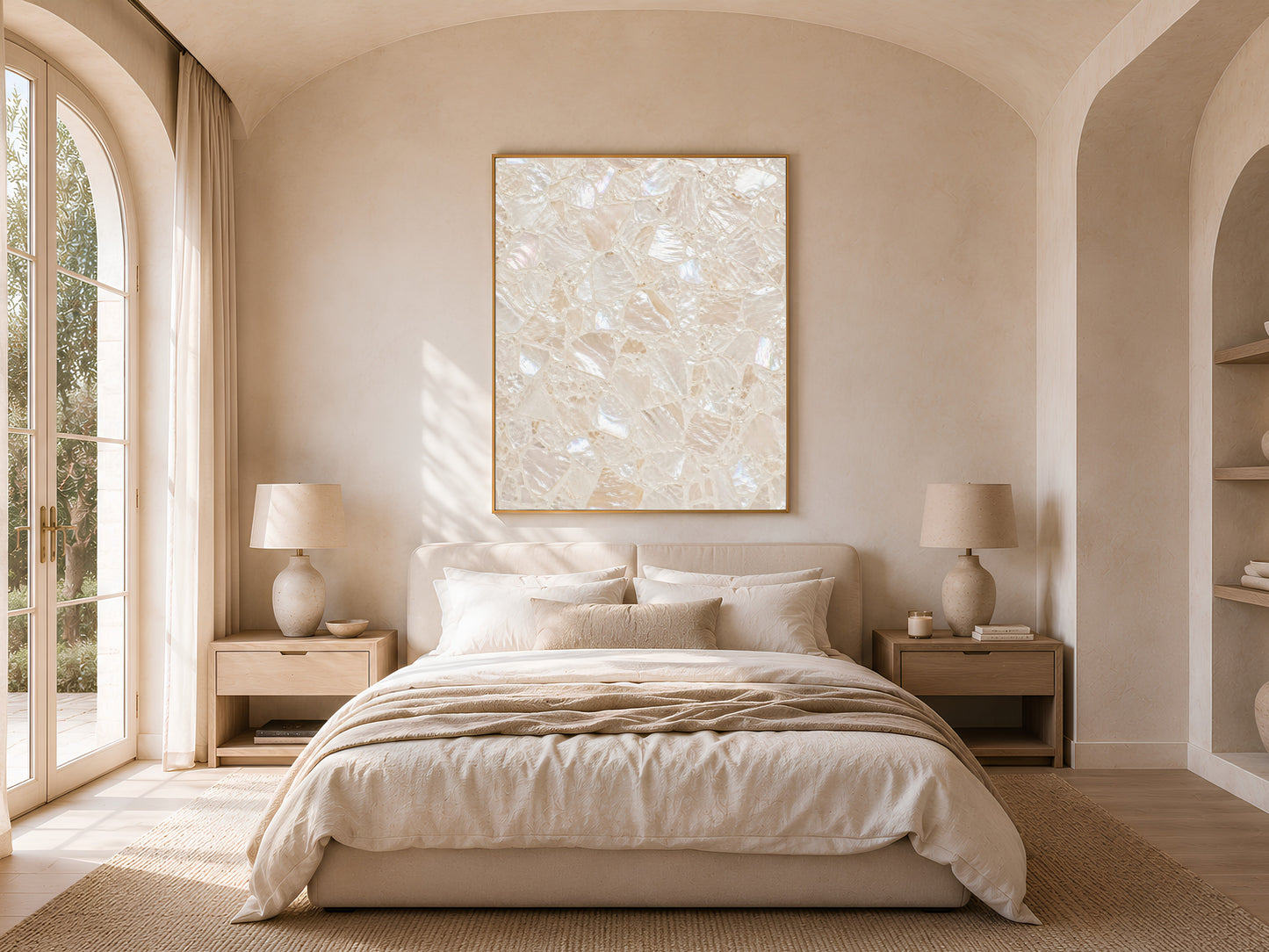 Warm coastal bedroom with an arched doorway, neutral linen bedding, and a framed terrazzo print hanging above the headboard.