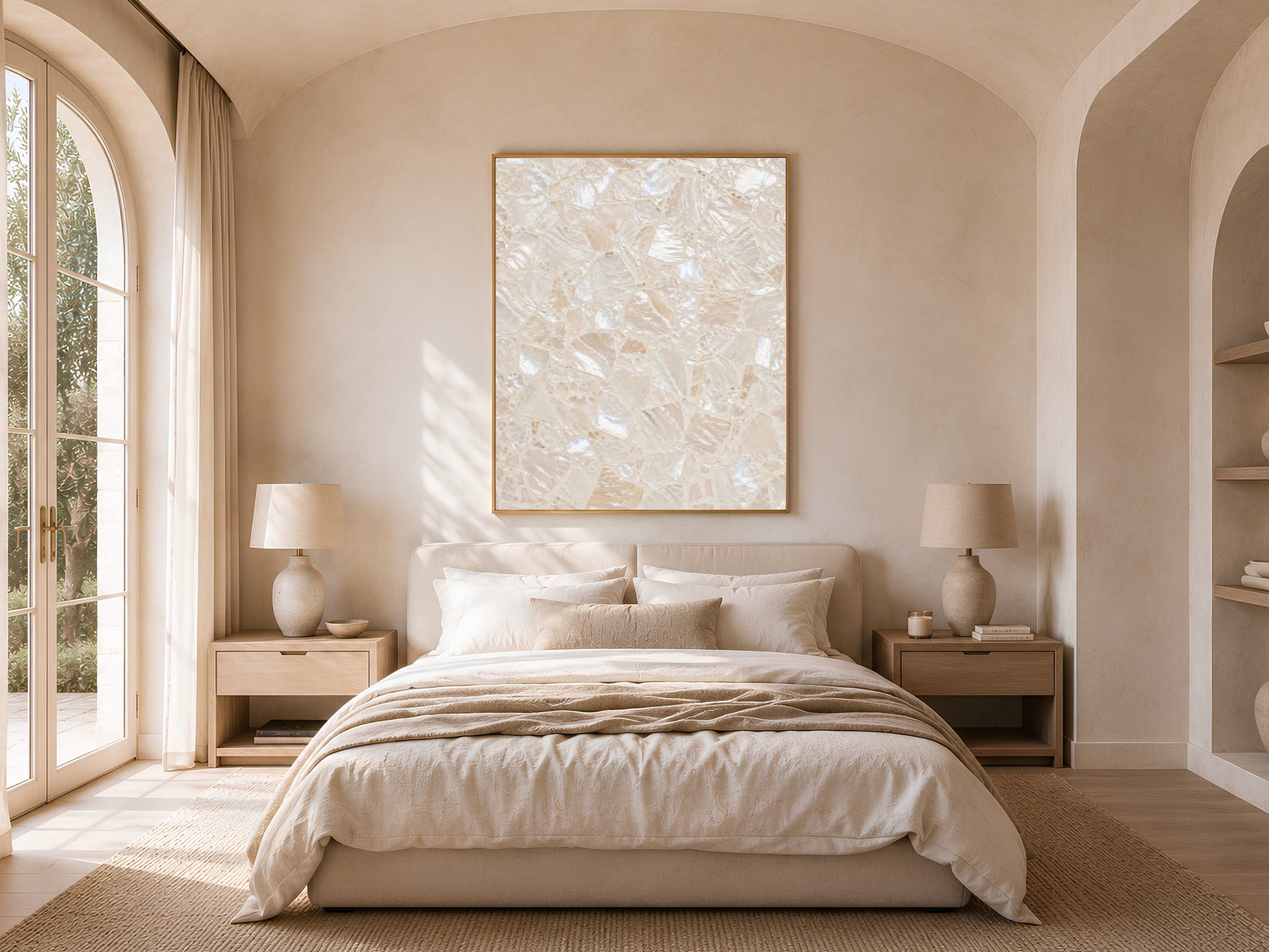 Warm coastal bedroom with an arched doorway, neutral linen bedding, and a framed terrazzo print hanging above the headboard.