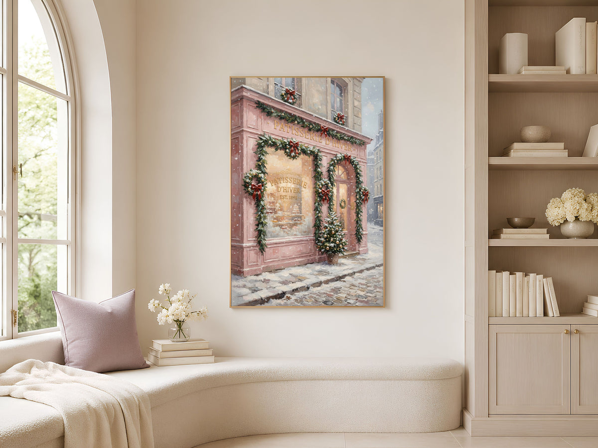 French Patisserie Christmas Print, Pink Paris Bakery Wall Art - Digital Download