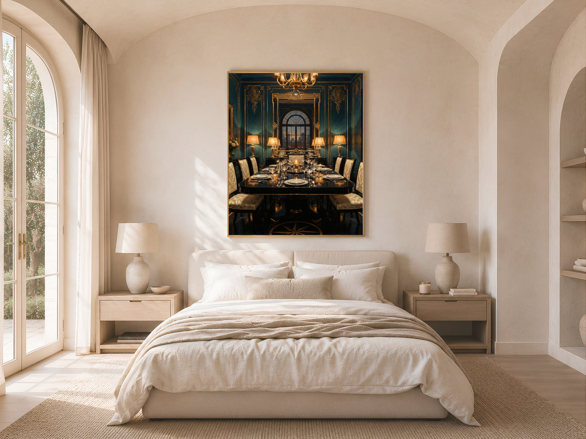 Art Deco Dining Room Wall Art, Teal Gold 1920s Interior Oil Painting - Digital Download