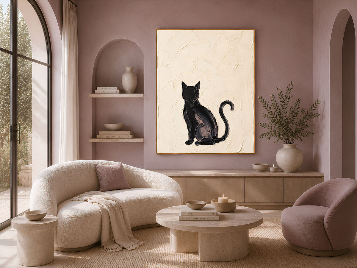 Minimalist Black Cat Wall Art, Impasto Oil Painting Print - Digital Download
