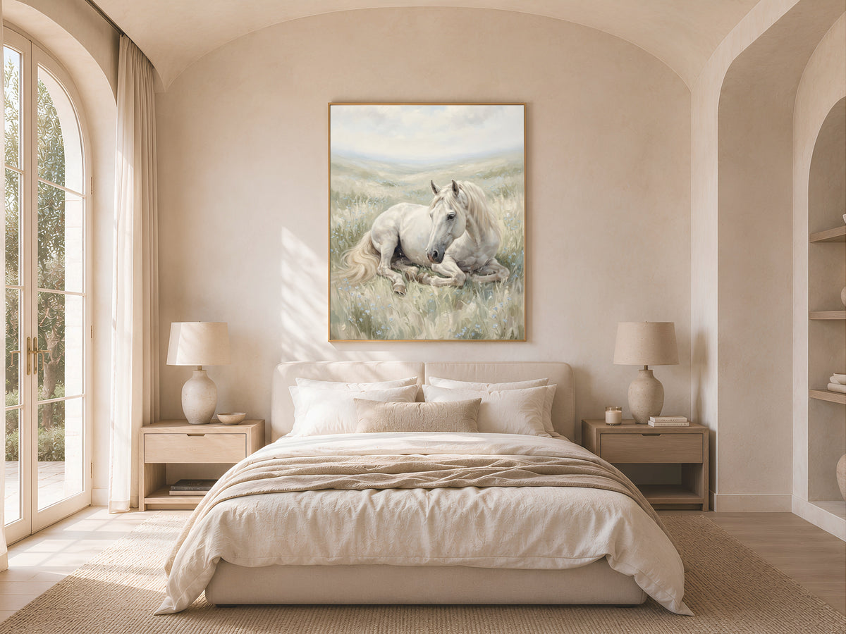 White Horse Wall Art, Wildflower Meadow Oil Painting Print - Digital Download
