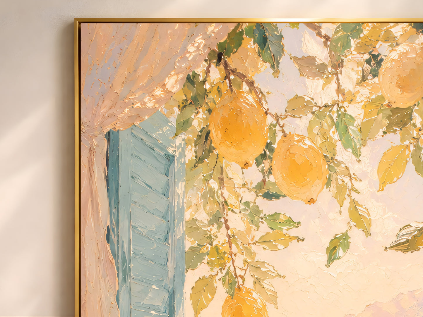 Close-up of Italian lemon wall art showing impasto oil texture with yellow lemons, blue shutters, and coastal sea view