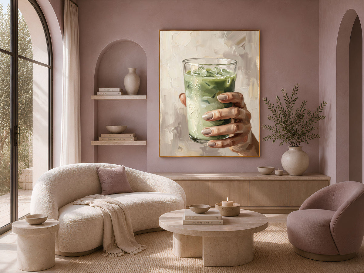 Matcha Latte Wall Art, Impasto Oil Painting Print - Digital Download