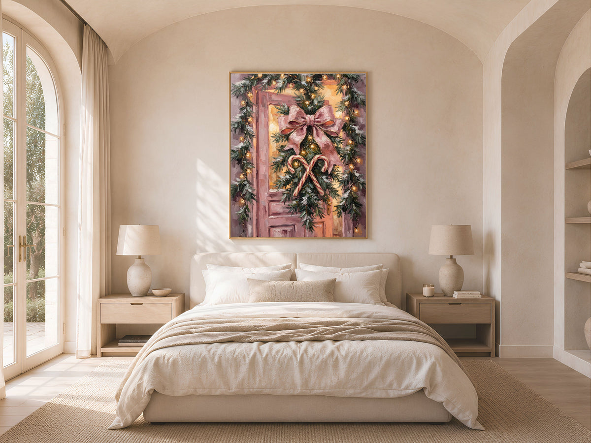 Pink Christmas Door Print, Velvet Bow Wall Art - Digital Download