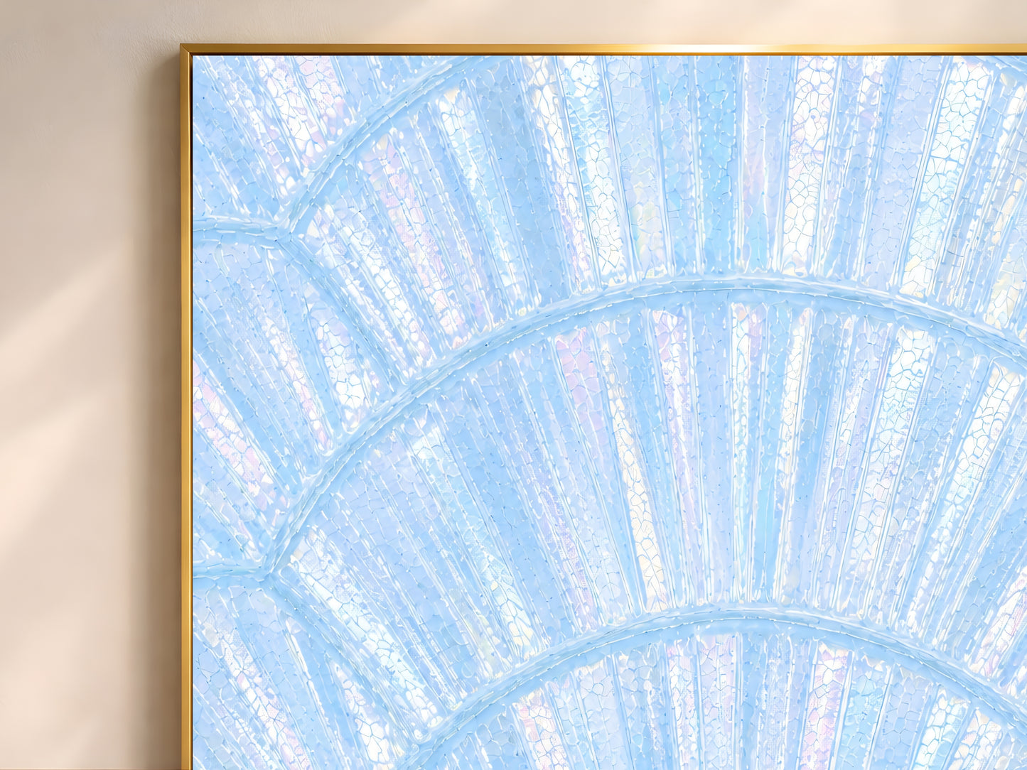 Close-up of blue iridescent capiz shell print showing scallop arc pattern with powder blue and pearl shimmer texture