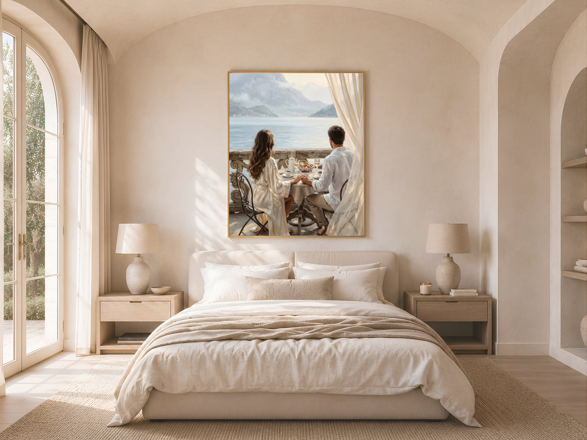 Lake Como Wall Art, Romantic Couple Breakfast Oil Painting Print - Digital Download