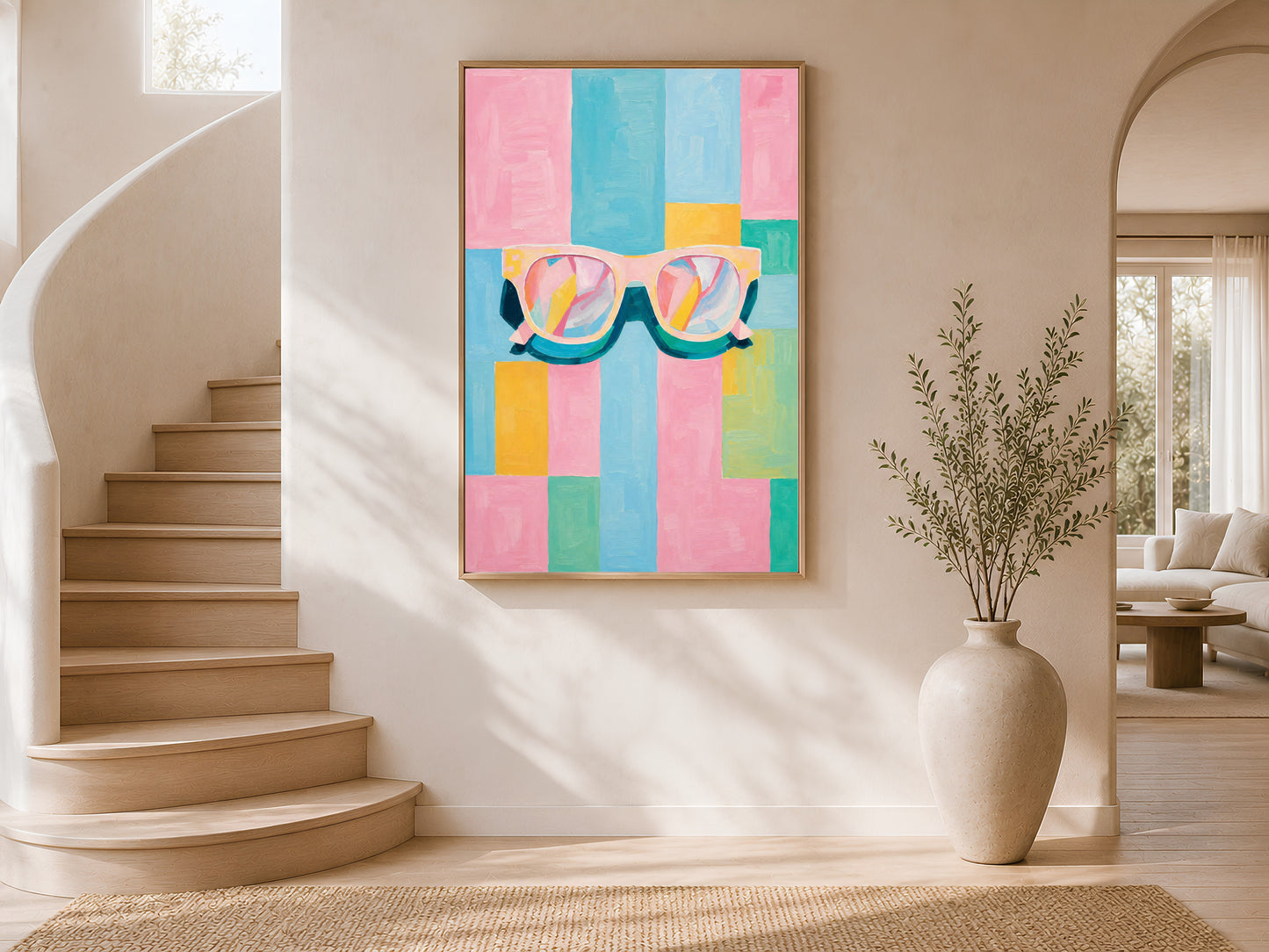 Framed impasto retro sunglasses print on white wall in modern entryway with curved staircase and tall ceramic vase
