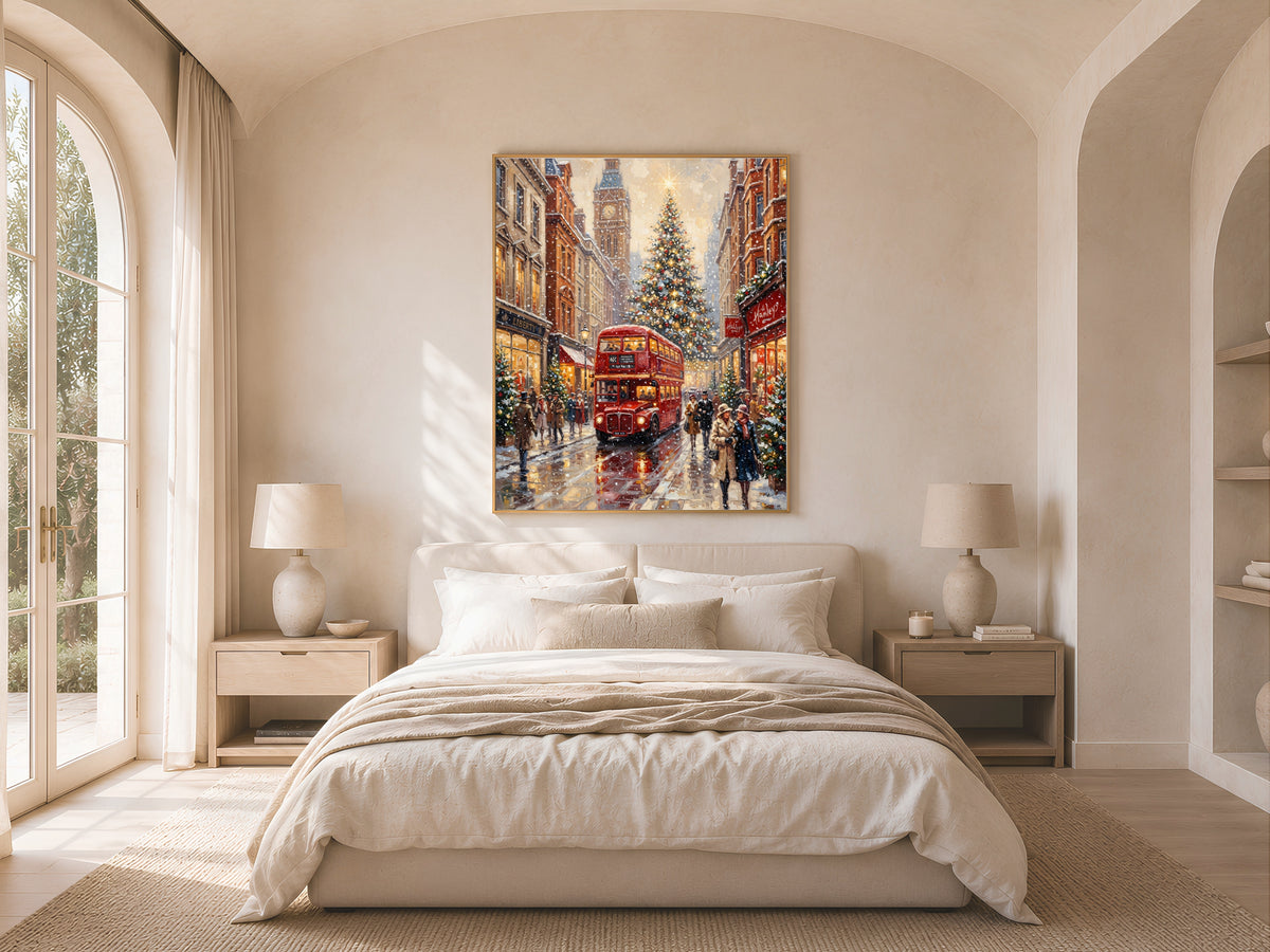 London Christmas Wall Art, Vintage Oil Painting Print - Digital Download