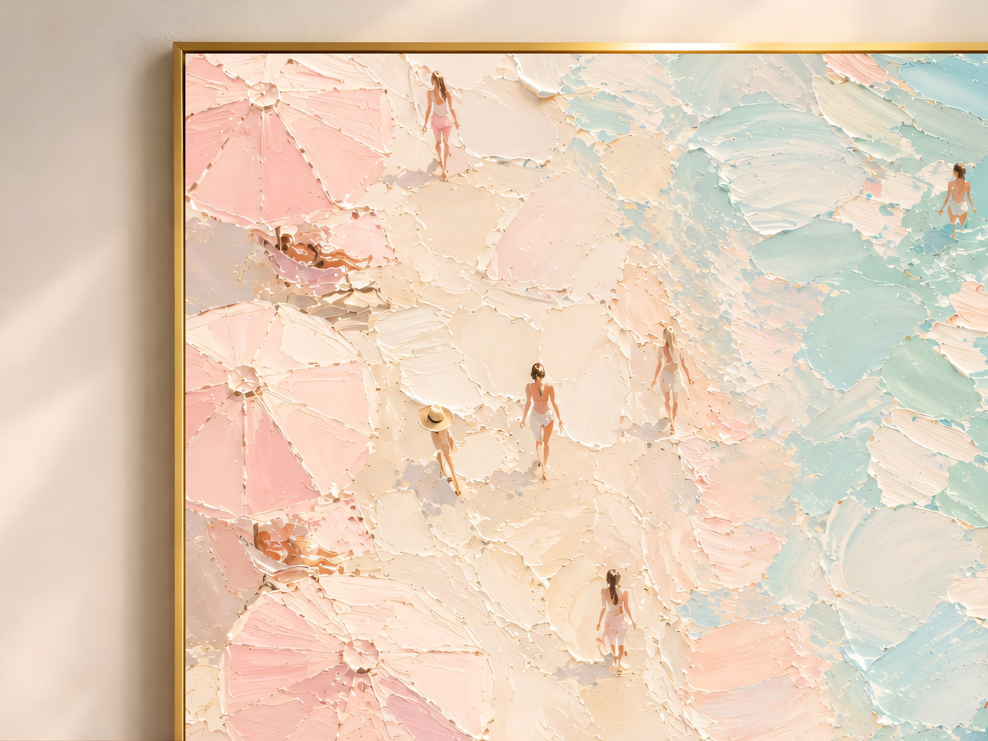 Close-up of aerial beach impasto art print showing thick painterly texture in blush pink, mint and sandy cream tones with tiny figures
