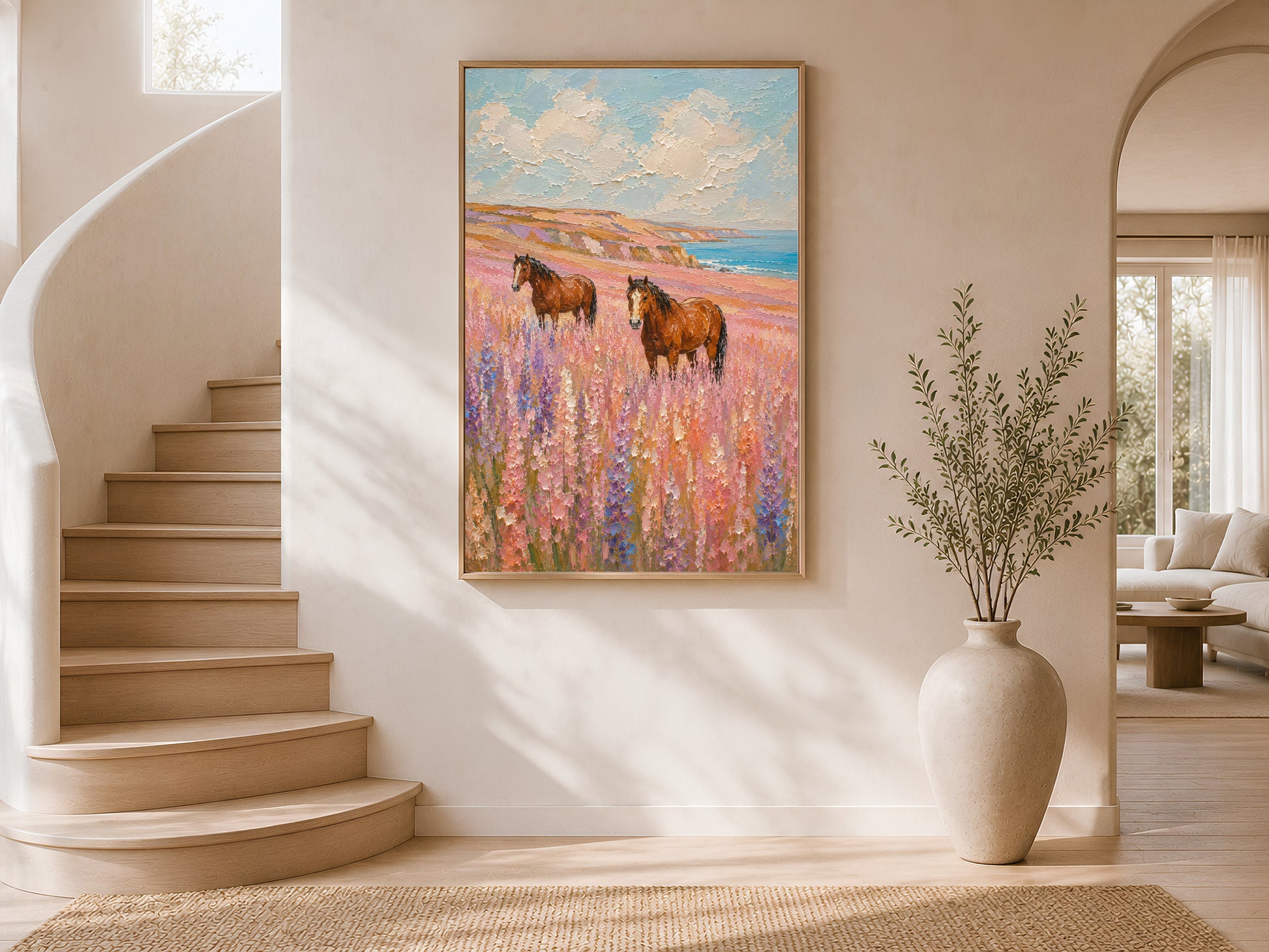 Two chestnut horses in a lavender and pink wildflower coastal meadow impasto painting in a gold frame on a curved staircase wall with warm white plaster finish, large neutral vase, and natural light
