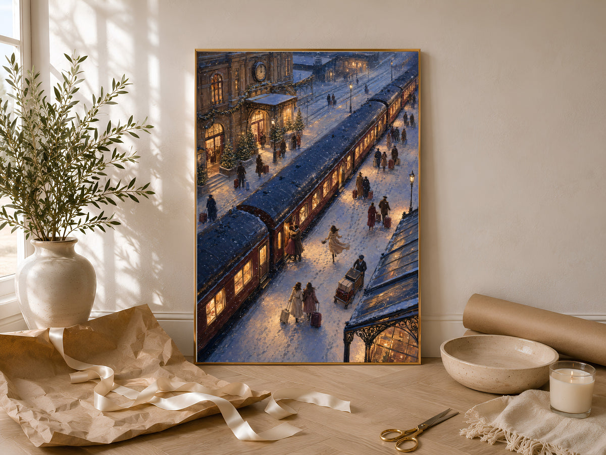 Train station painting styled on table with linen fabric and ceramic vase