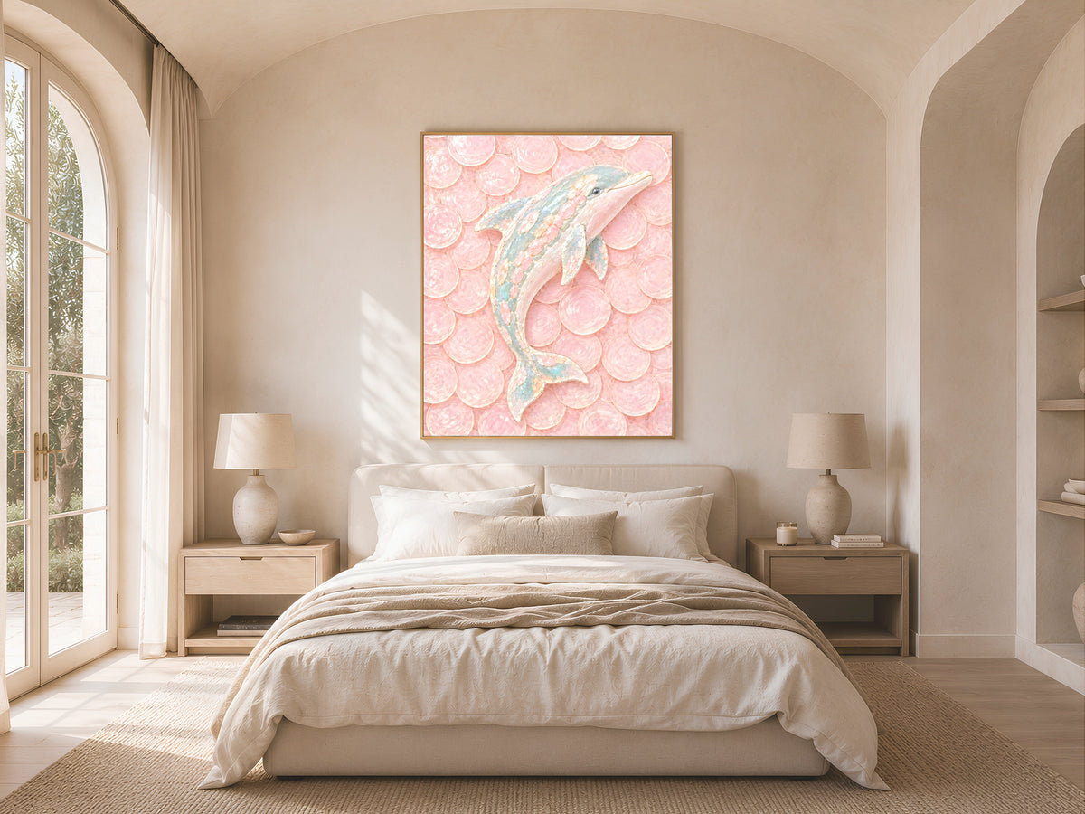 Pink Dolphin Mosaic Wall Art, Pastel Capiz Shell Print - Digital Download