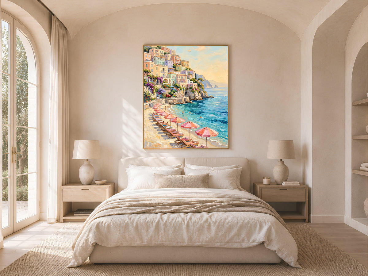 Positano Wall Art, Amalfi Coast Beach Club Oil Painting Print - Digital Download