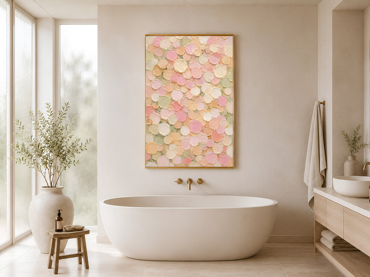 Textured circle wall art framed above a freestanding tub in a neutral spa-style bathroom.
