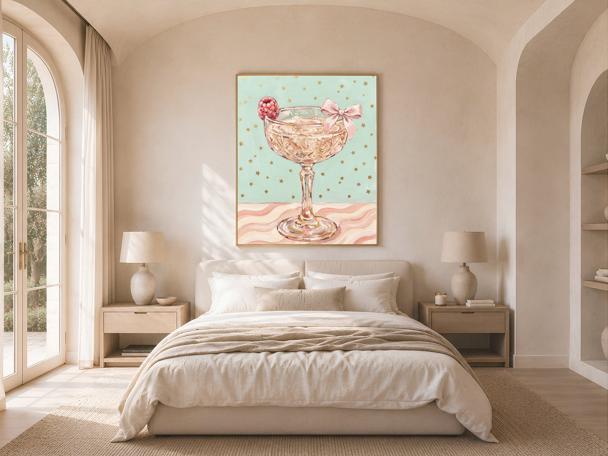 Champagne Coupe Wall Art, Pink Bow Coquette Oil Painting Print - Digital Download