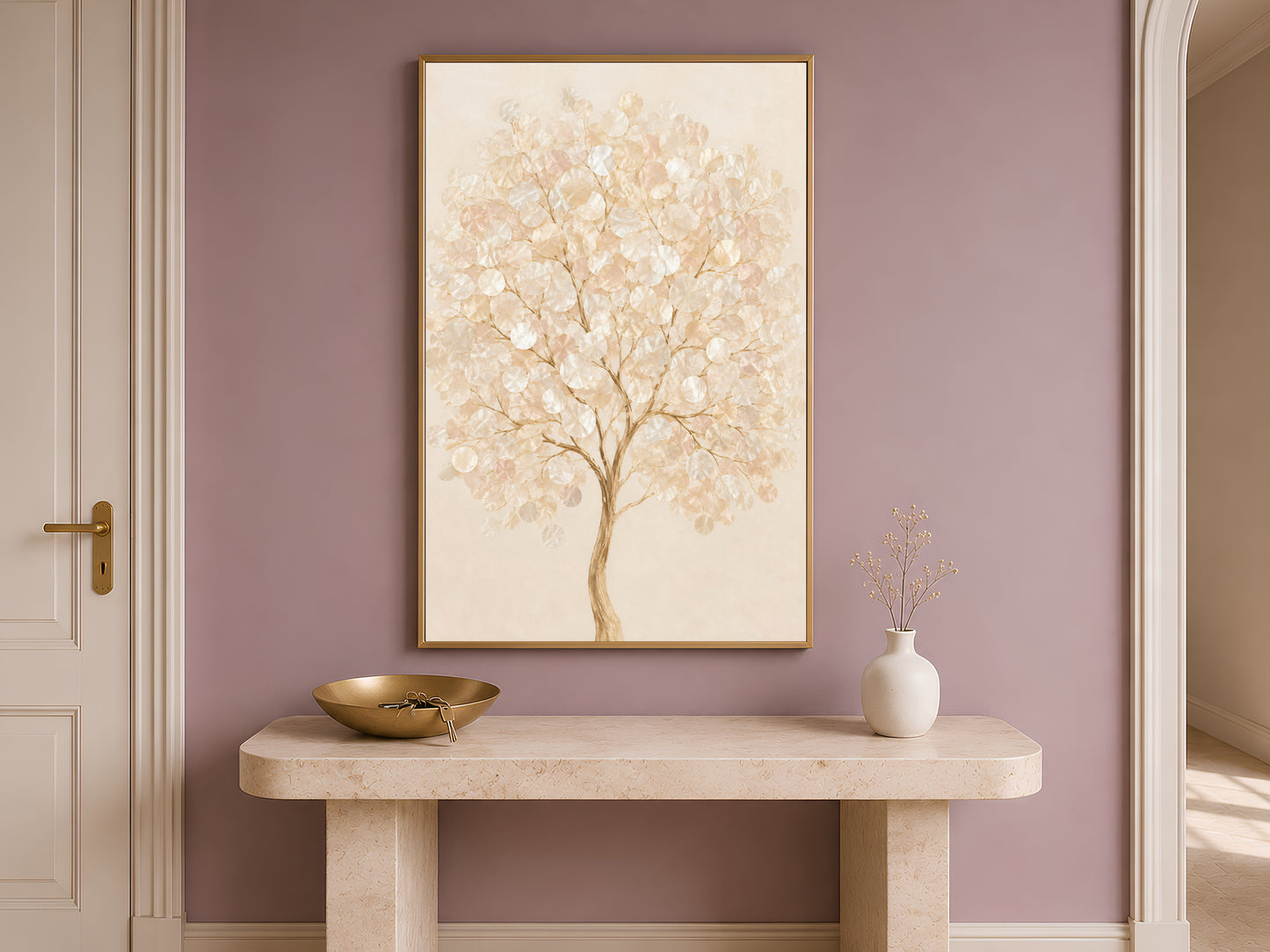 Capiz shell tree art framed on a cream entryway wall above a round pedestal table