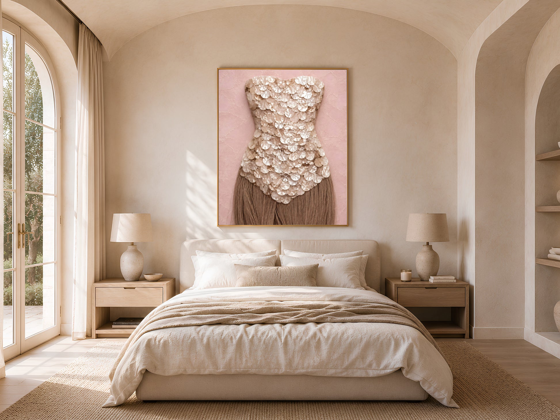 Mother of pearl wall art framed in gold, hung above a neutral bed in a sunlit bedroom with arched windows.