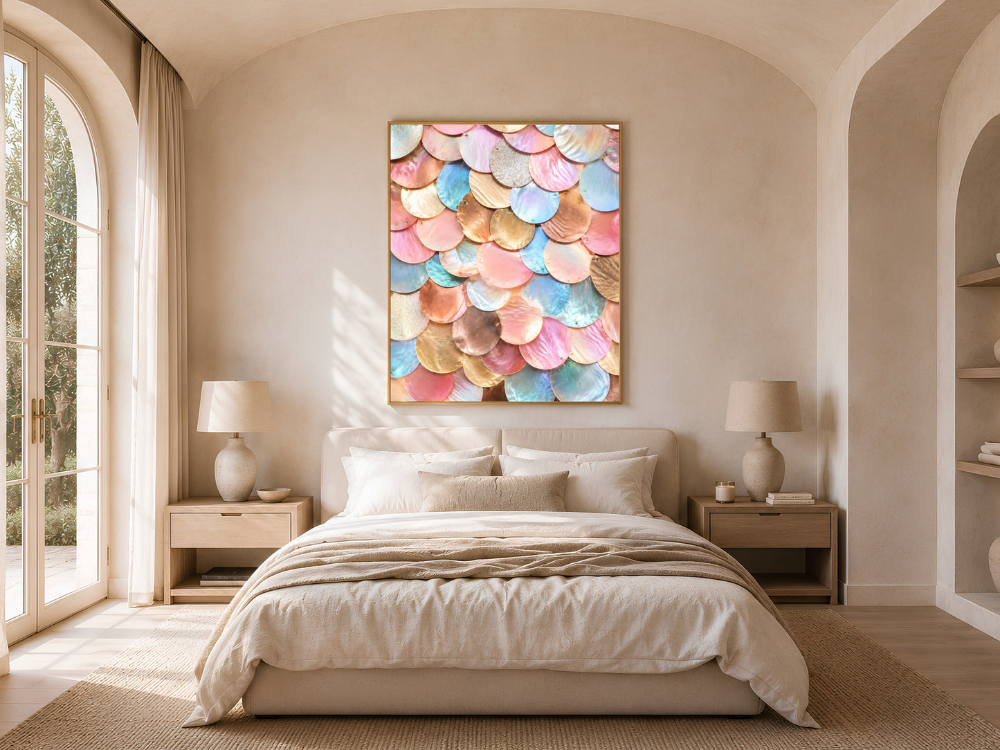 Jewel tone mermaid scale wall art framed above a bed in a warm neutral bedroom with arched windows