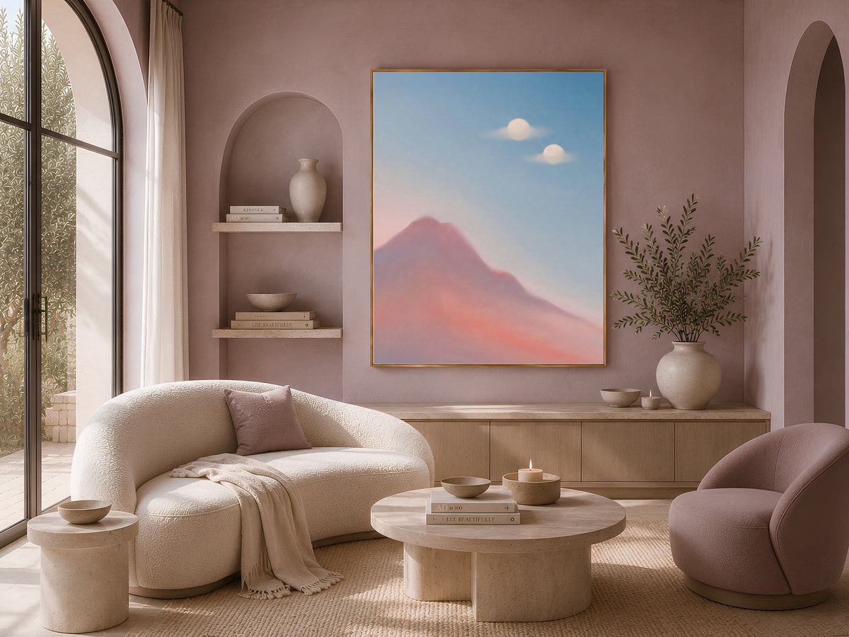 Surreal Mountain Oil Painting, Two Moons Wall Art, Pastel Pink Blue Dreamy Landscape Print, Minimalist Celestial Decor, Instant Download
