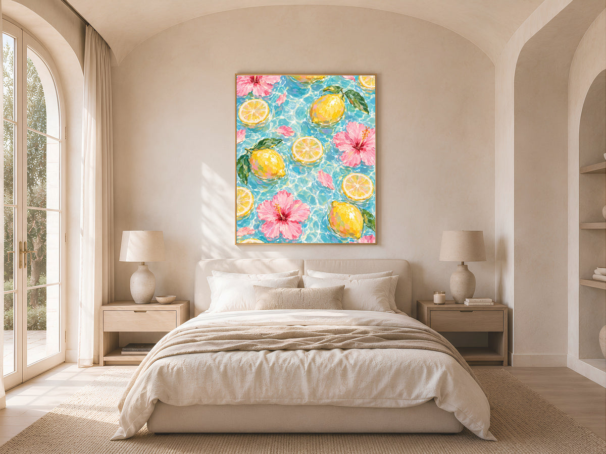 Lemon Hibiscus Pool Art Print, Amalfi Summer Wall Art - Digital Download