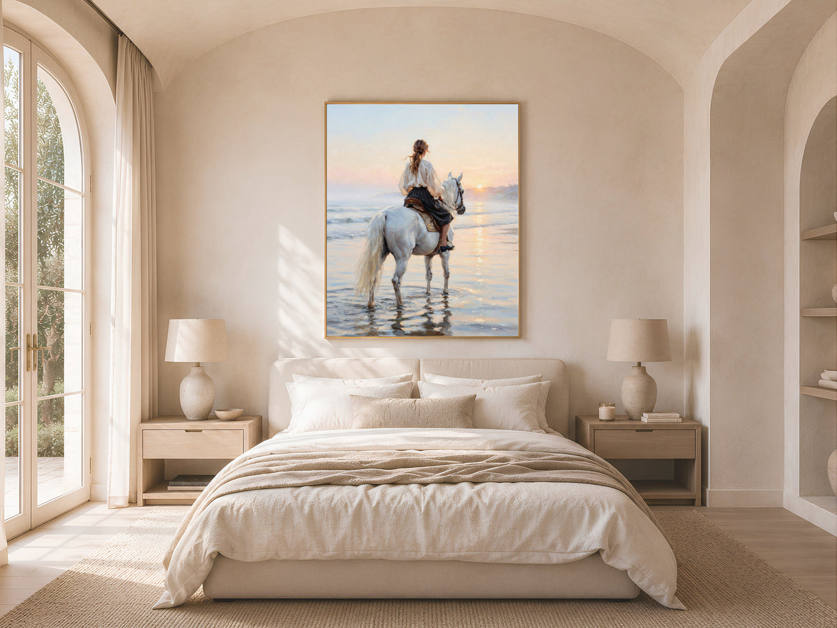 Woman on White Horse Wall Art, Beach Sunset Oil Painting Print - Digital Download