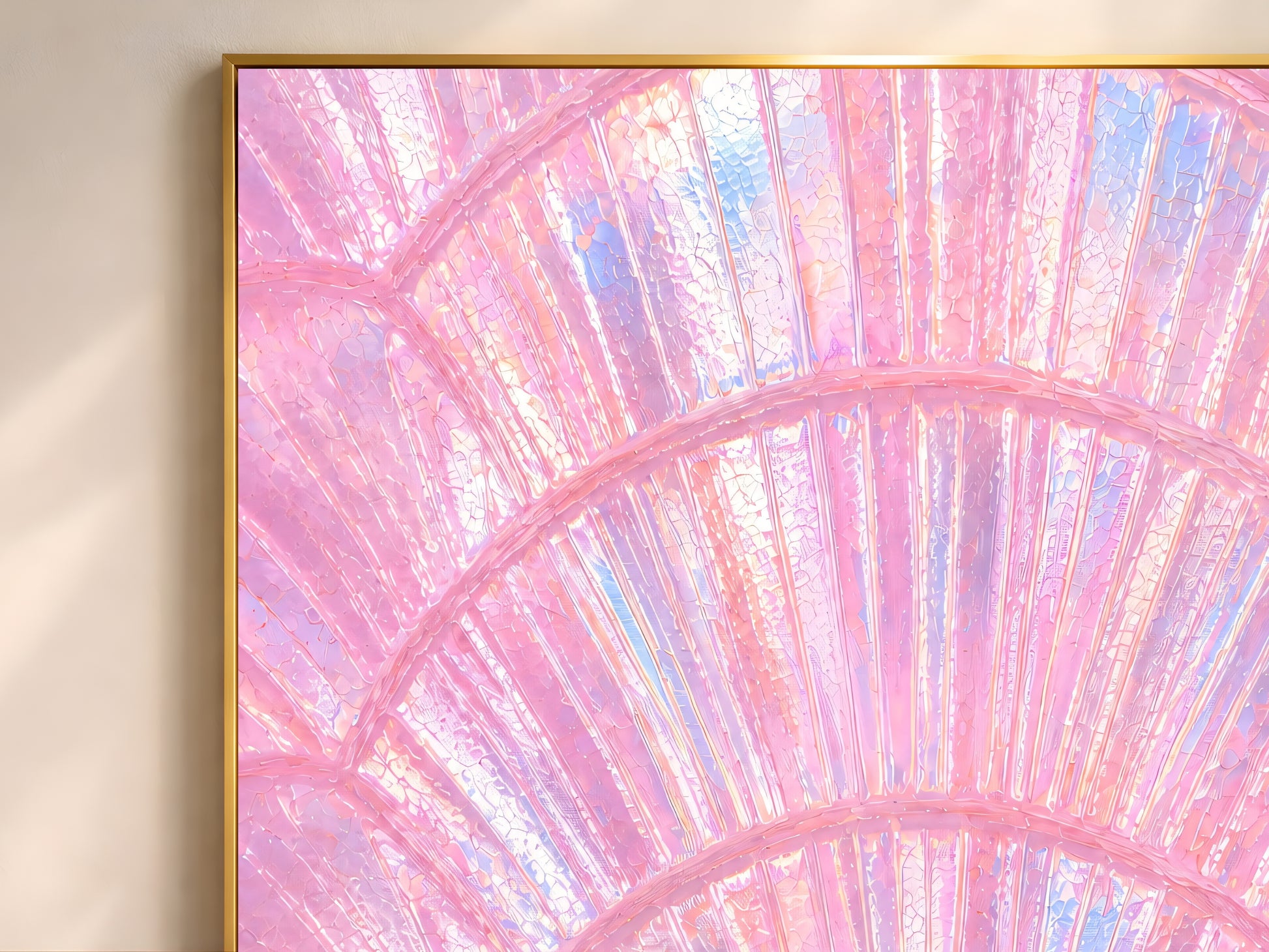Close-up of pink iridescent capiz shell print showing scallop arc pattern with blush, lavender, and pearl shimmer texture