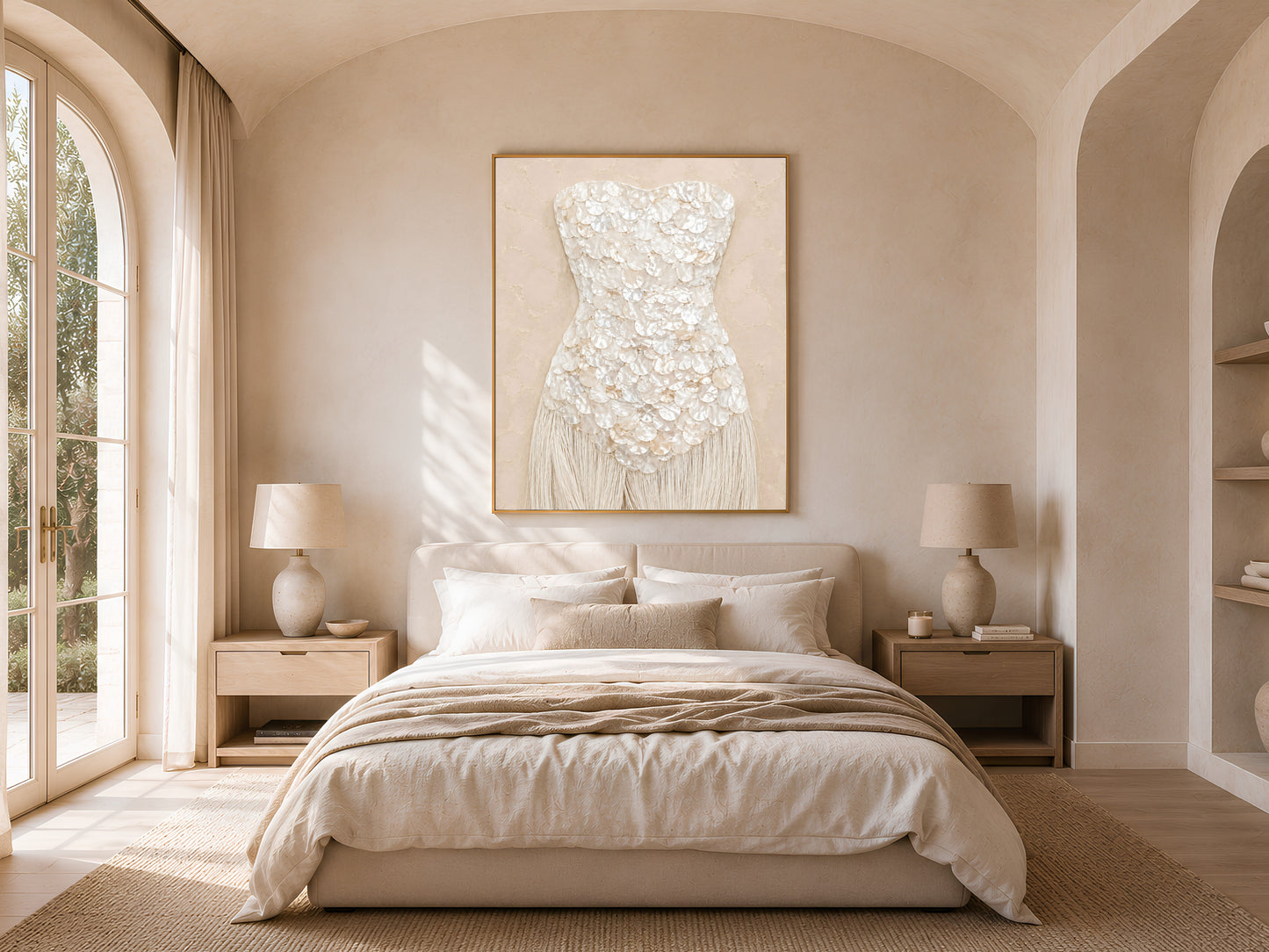 Sand beige mother of pearl wall art framed in gold, hung above a neutral bed in an arched bedroom.