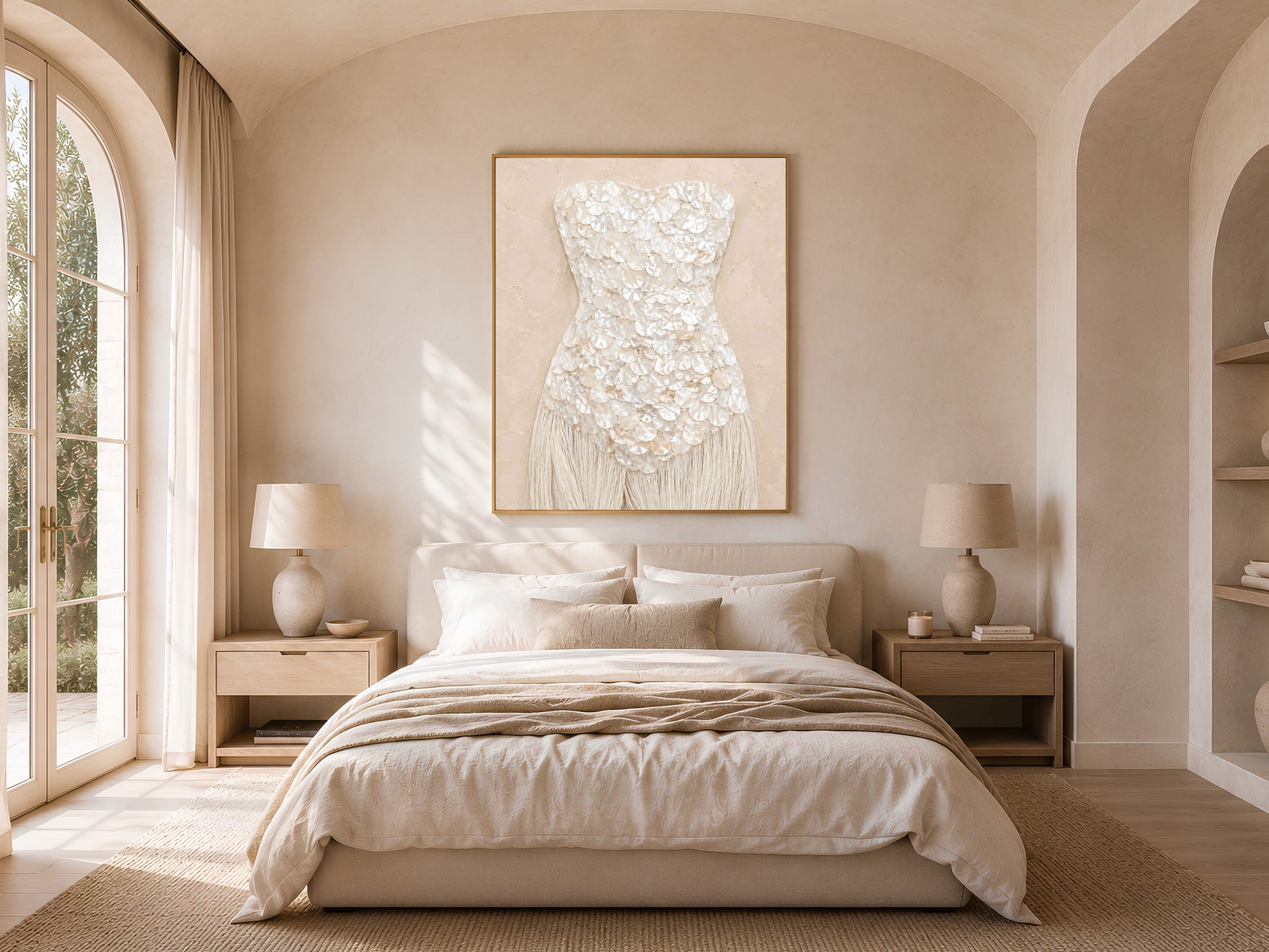 Sand beige mother of pearl wall art framed in gold, hung above a neutral bed in an arched bedroom.