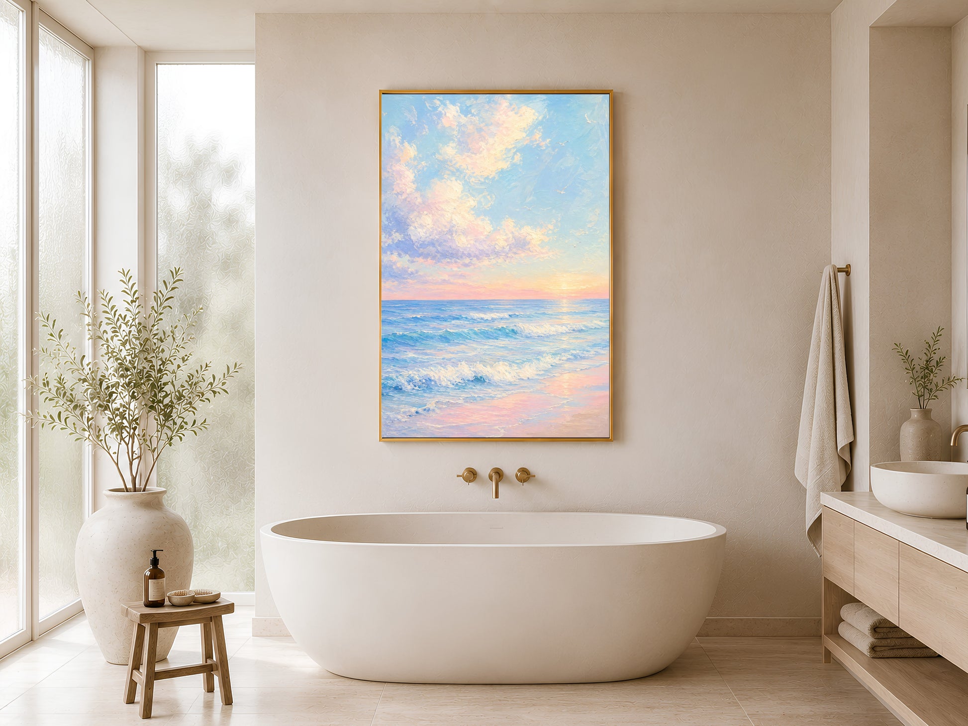 Framed impasto pastel ocean sunrise print on white wall in minimal bathroom beside freestanding soaking tub and wooden stool

