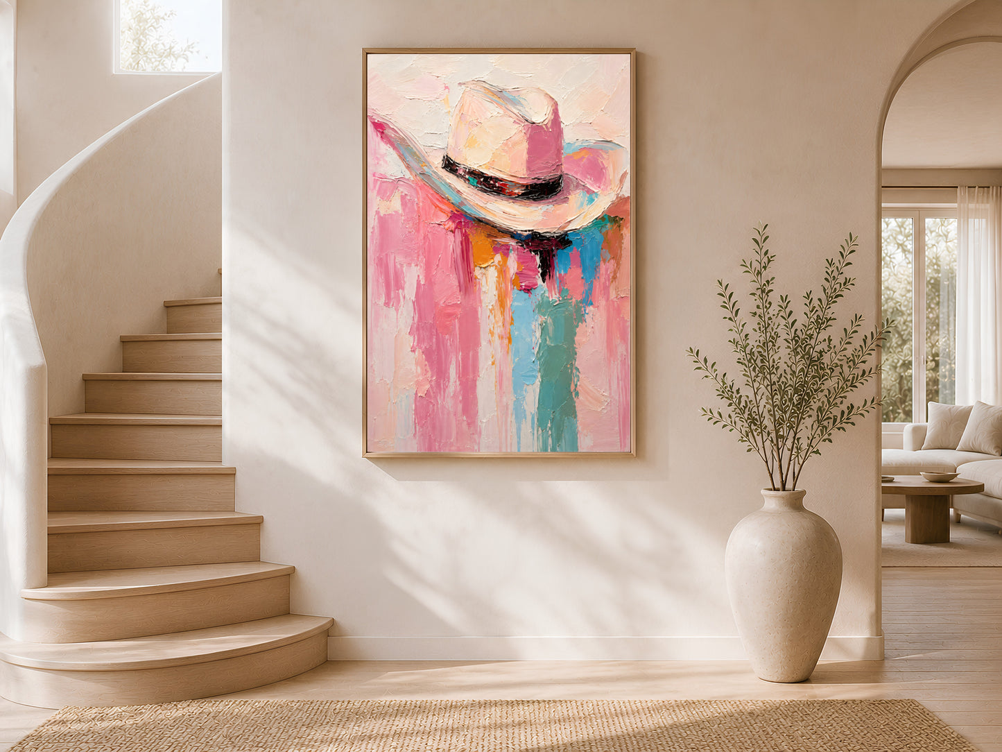 Framed impasto cowgirl hat print on warm white wall in modern entryway with curved staircase and olive tree
