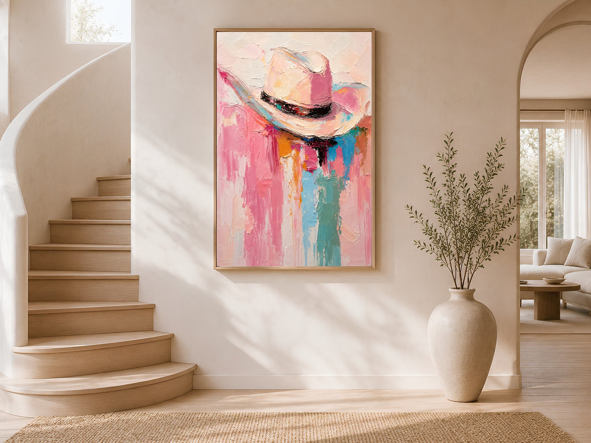 Framed impasto cowgirl hat print on warm white wall in modern entryway with curved staircase and olive tree
