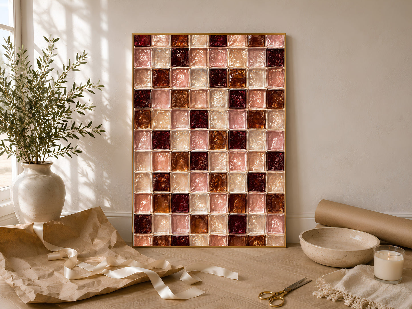 Glass tile checkerboard print framed among neutral ceramics and dried florals