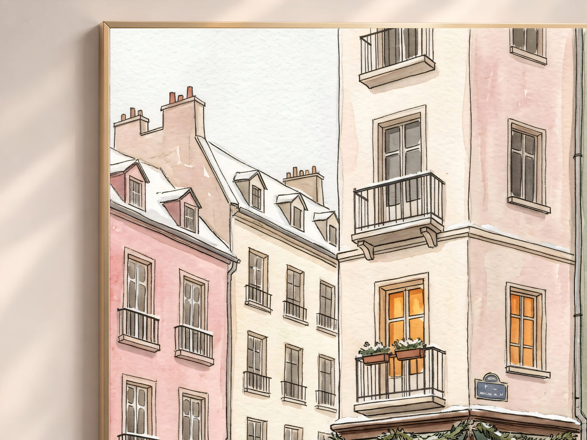 Snowy Paris Cafe Print, Christmas Bistro Watercolor, Winter Street Scene, Holiday Digital Download