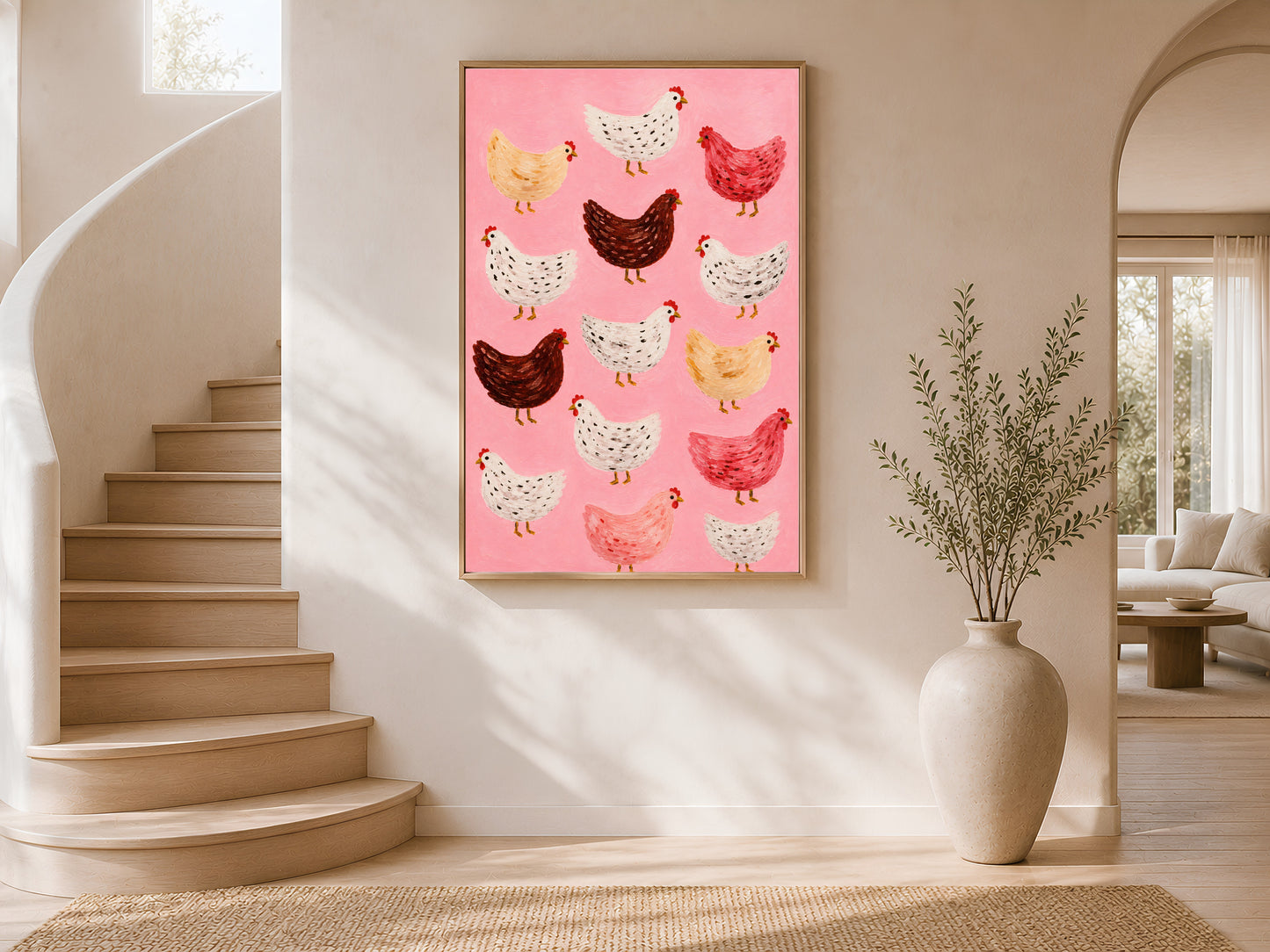 Framed impasto flock of chickens print on warm white wall in modern curved staircase entryway with tall ceramic vase
