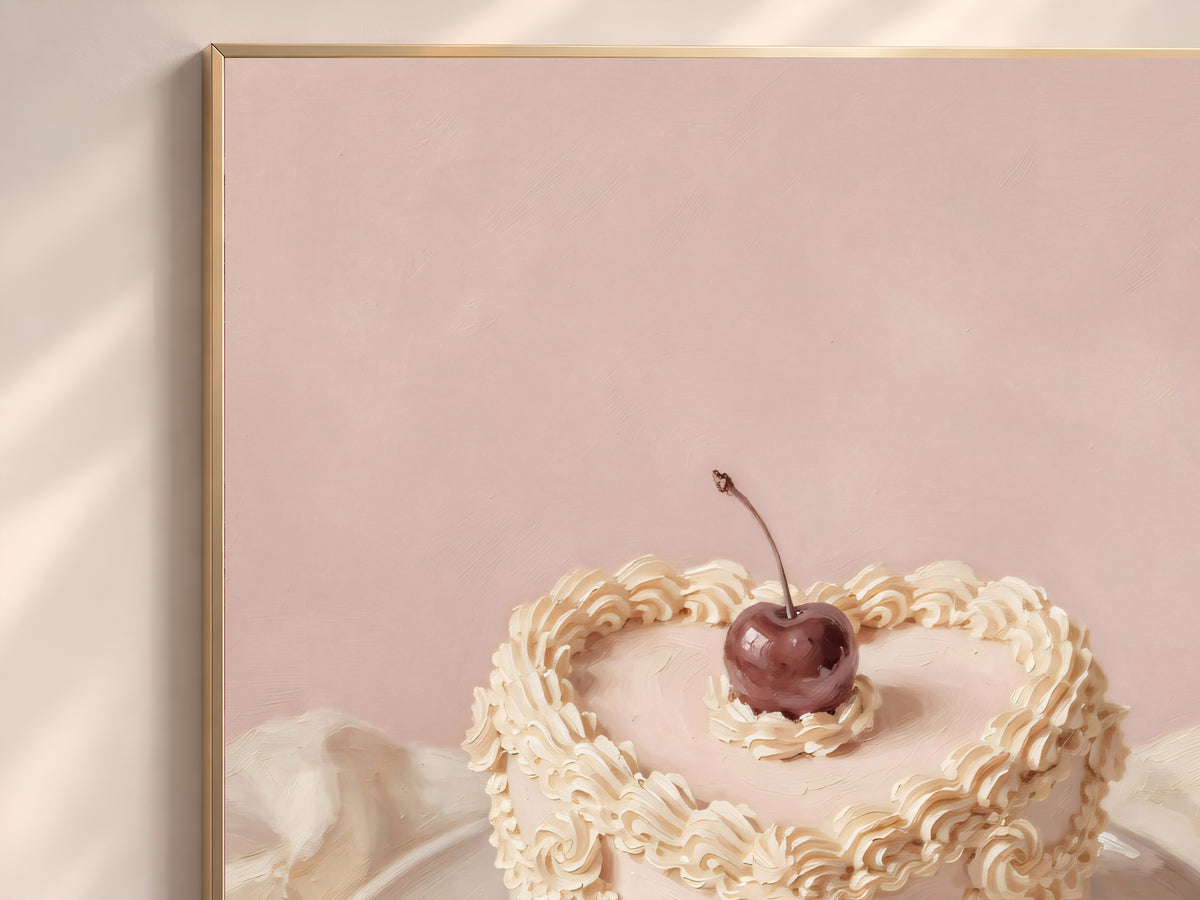 Vintage Heart Cake Painting Print, Pink Cherry Cake Still Life, Coquette Kitchen Art, Digital Download