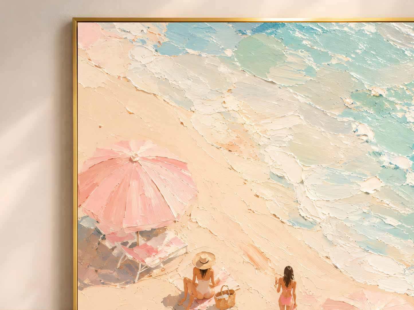 
Close-up of pink beach umbrella impasto oil painting showing textured sand, blush umbrellas, and turquoise ocean