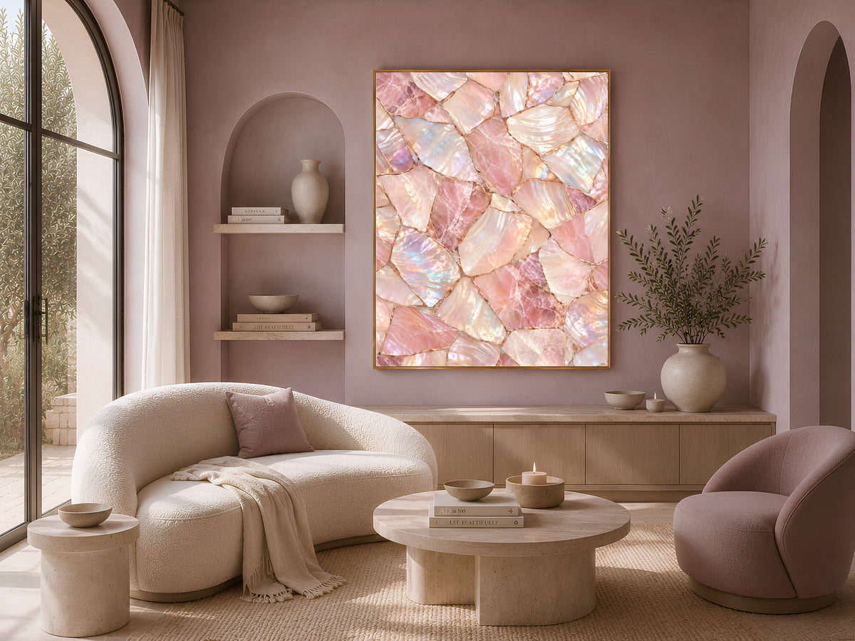 Rose Quartz Wall Art, Pink Mother of Pearl Print, Blush Crystal Mosaic, Glam Bedroom Decor, Feminine Iridescent Poster, Instant Download