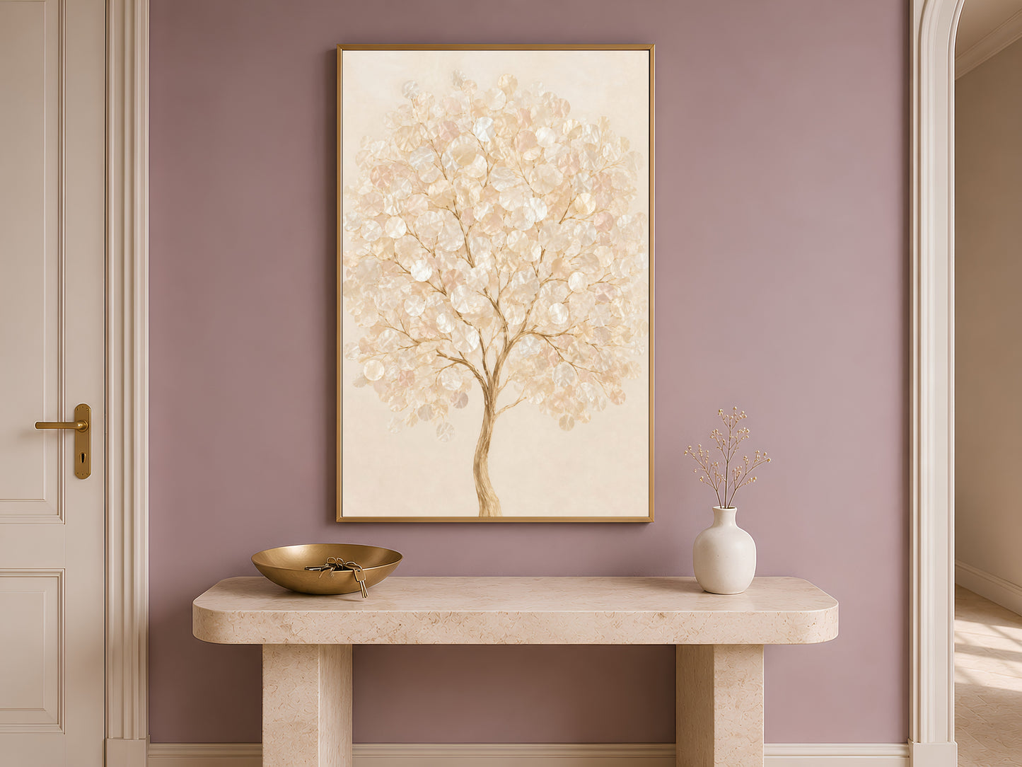 Weeping willow capiz shell print framed on an entryway wall above a console table
