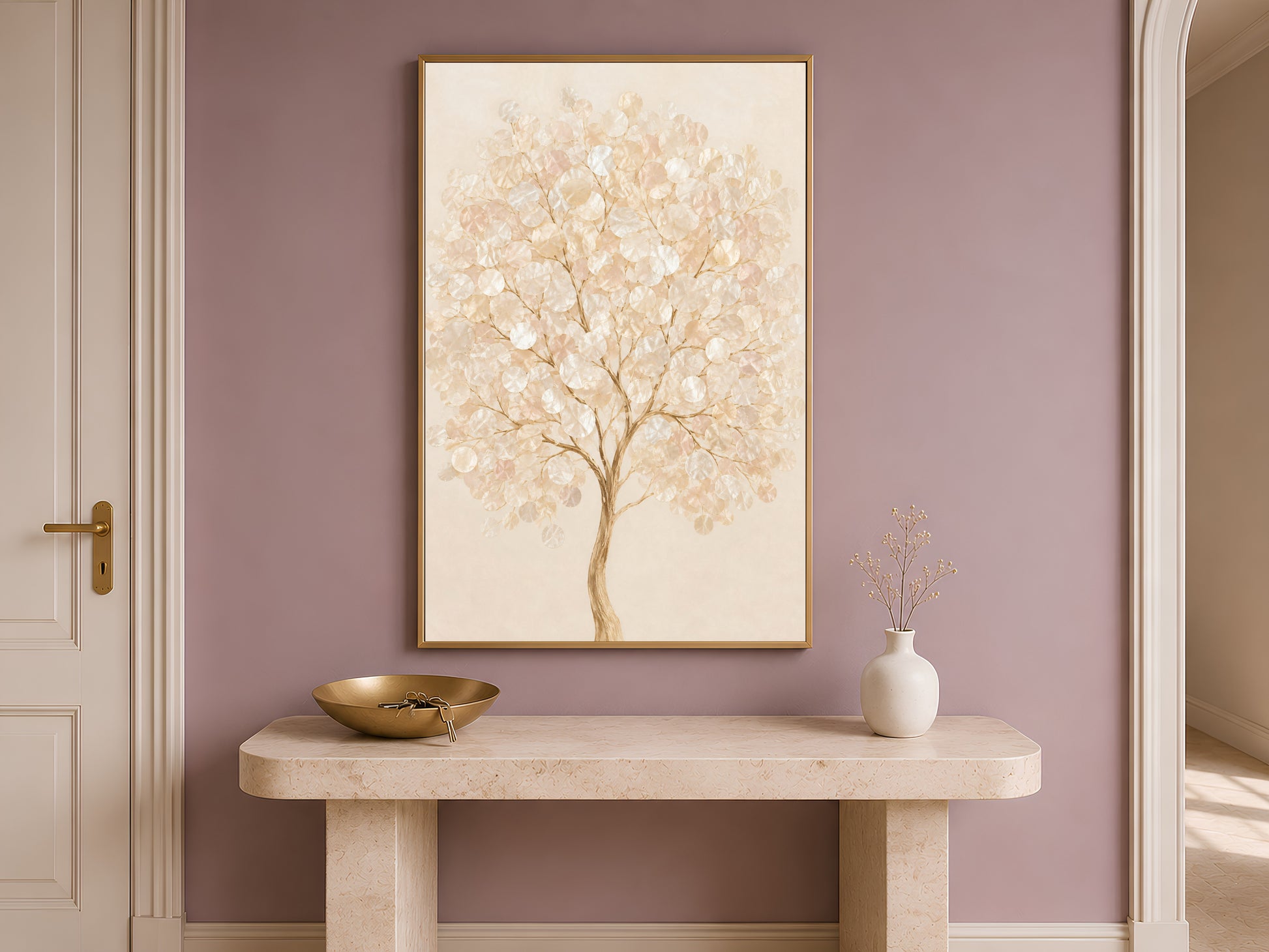 Weeping willow capiz shell print framed on an entryway wall above a console table
