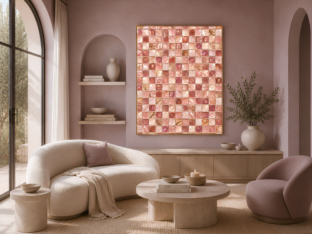 Pink Mosaic Wall Art, Rose Gold Glass Tile Print, Blush Jewel Tone Decor - Digital Download