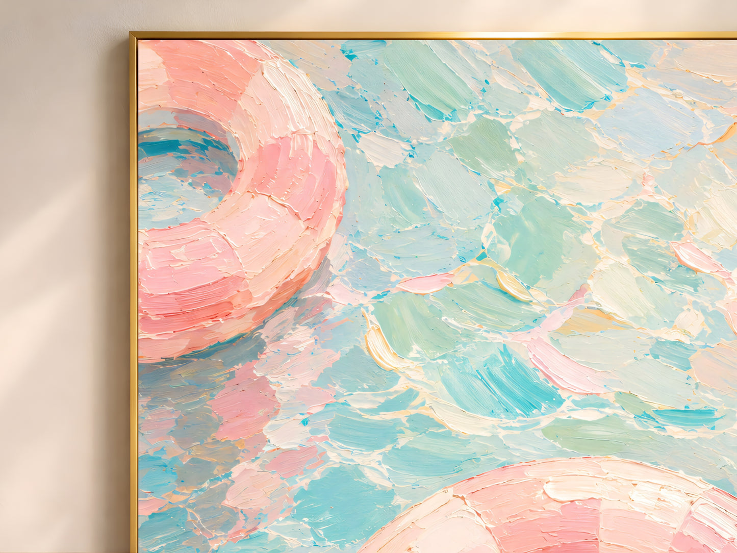 Close-up of pink pool float impasto oil painting showing thick textured brushstrokes in blush, cream, and turquoise