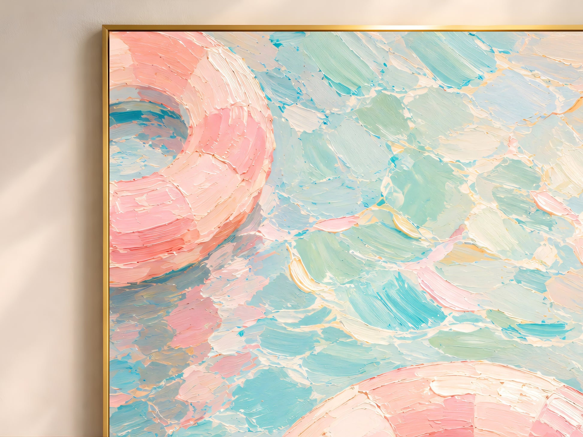 Close-up of pink pool float impasto oil painting showing thick textured brushstrokes in blush, cream, and turquoise