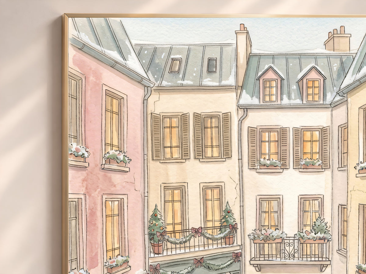 Christmas Street Watercolor Print, Snowy Cobblestone Village, Pastel Holiday Wall Art, Printable Digital Download