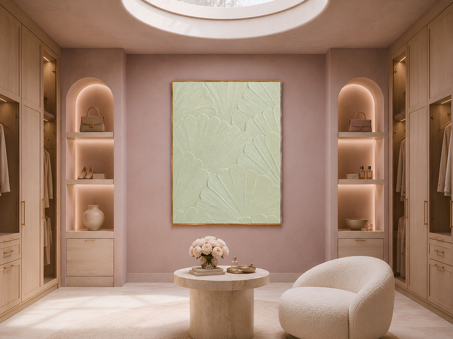 Celadon mosaic print displayed above a dressing table in a warm dressing room with arched shelving
