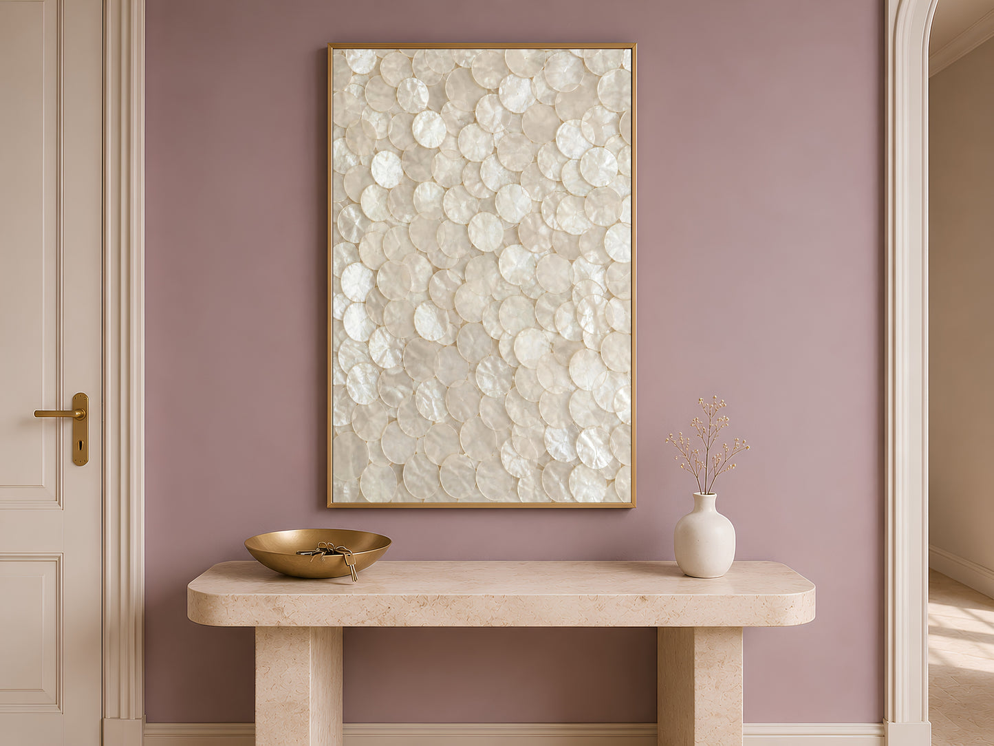 Capiz shell mosaic print framed on an entryway wall above a console table
