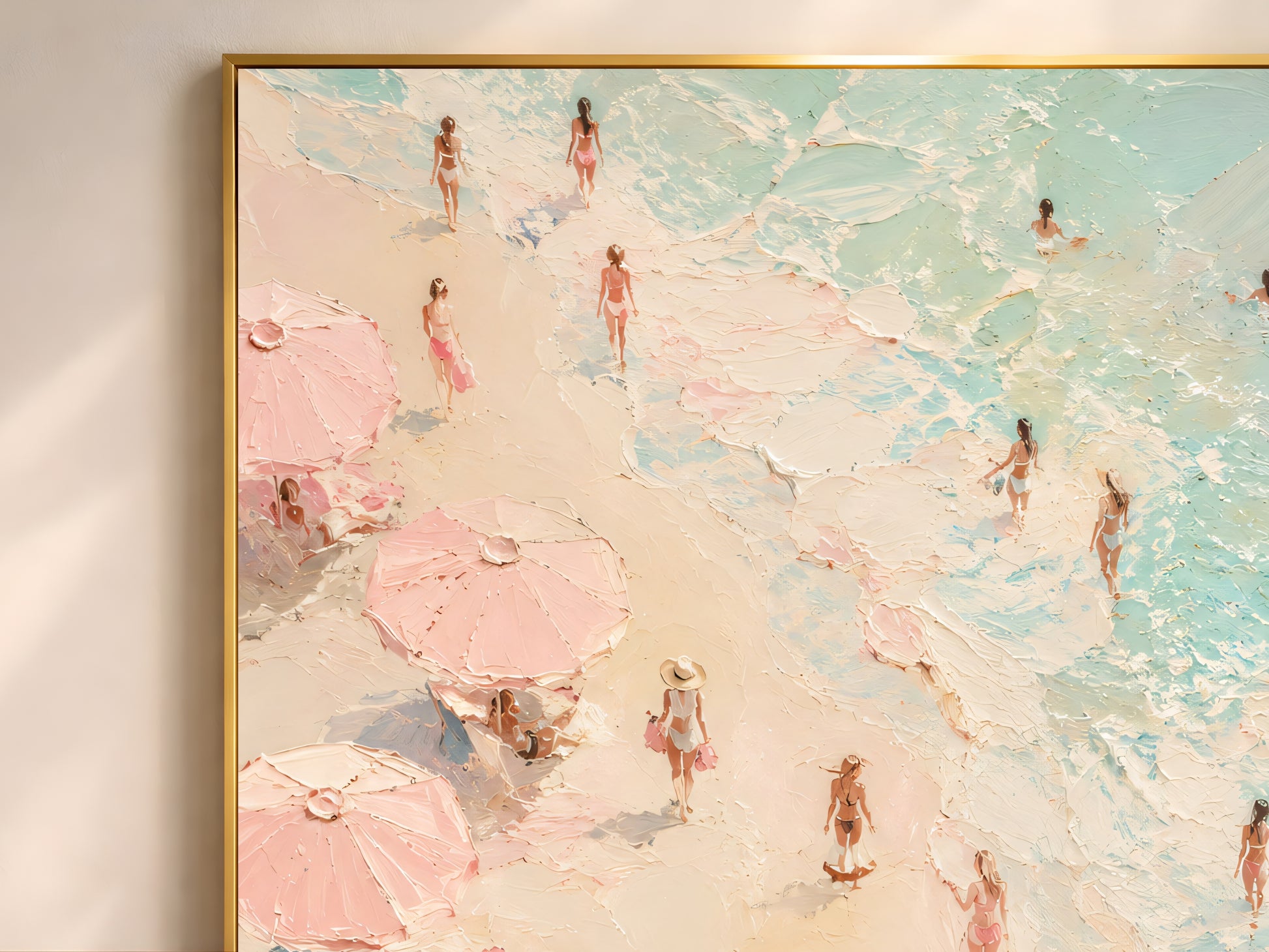 Close-up of aerial beach scene impasto oil painting showing pink umbrellas, figures in swimsuits, and turquoise ocean waves