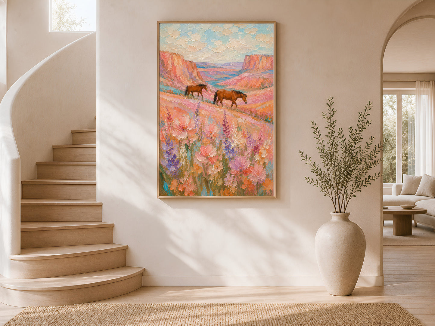 Two chestnut horses walking through a wildflower canyon impasto painting in a gold frame on a curved staircase wall with warm white plaster finish, large neutral vase, and warm natural light
