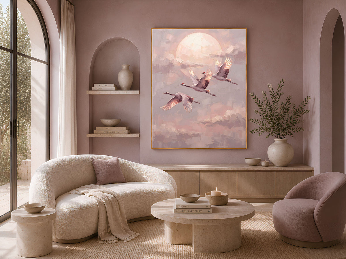 Japanese Crane Wall Art, Impasto Oil Painting Print - Digital Download